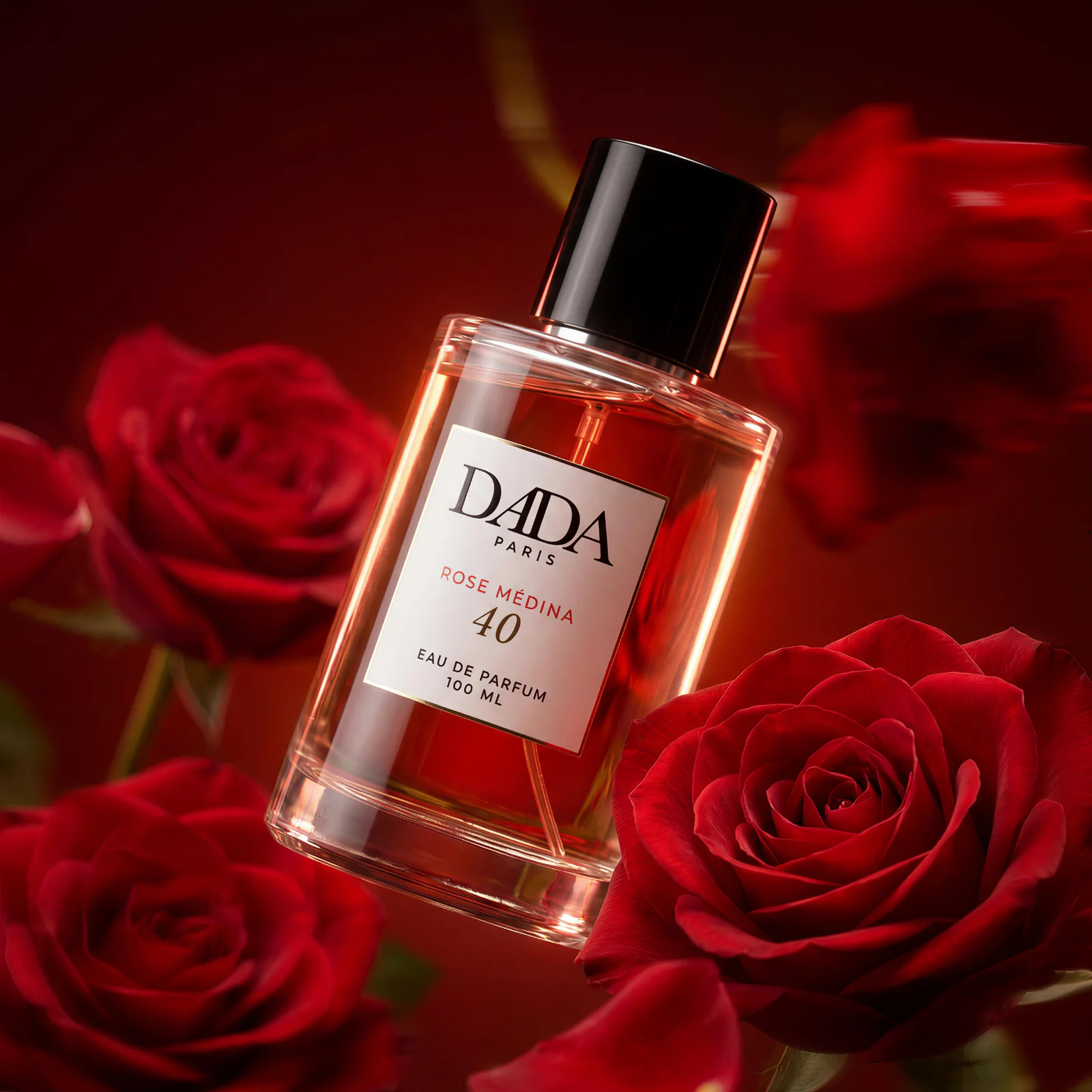 Flacon DADA PARIS entouré de roses rouges sur fond sombre.