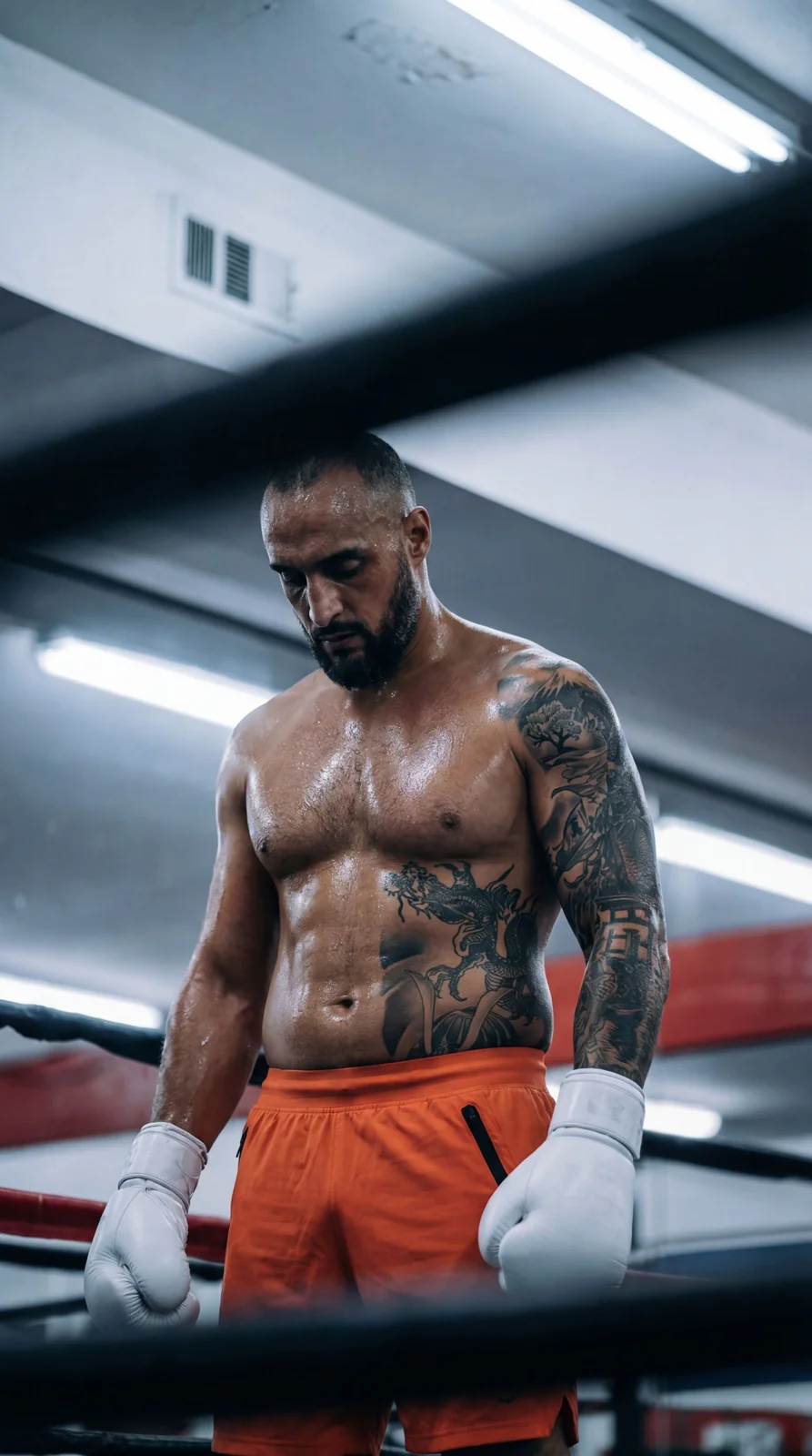 Boxeur sur un ring, gants blancs et short orange, dans une composition verticale.