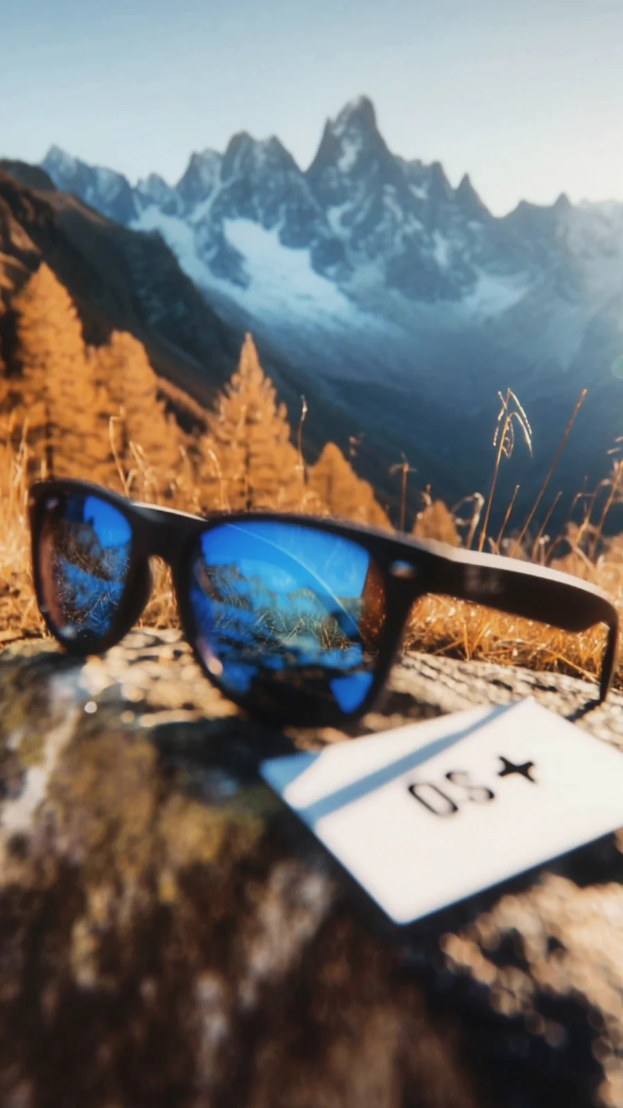 Des paysages de montagne alternent avec des compositions de lunettes de soleil. Une carte Optical Service et le signe OS+ apparaissent dans la séquence.